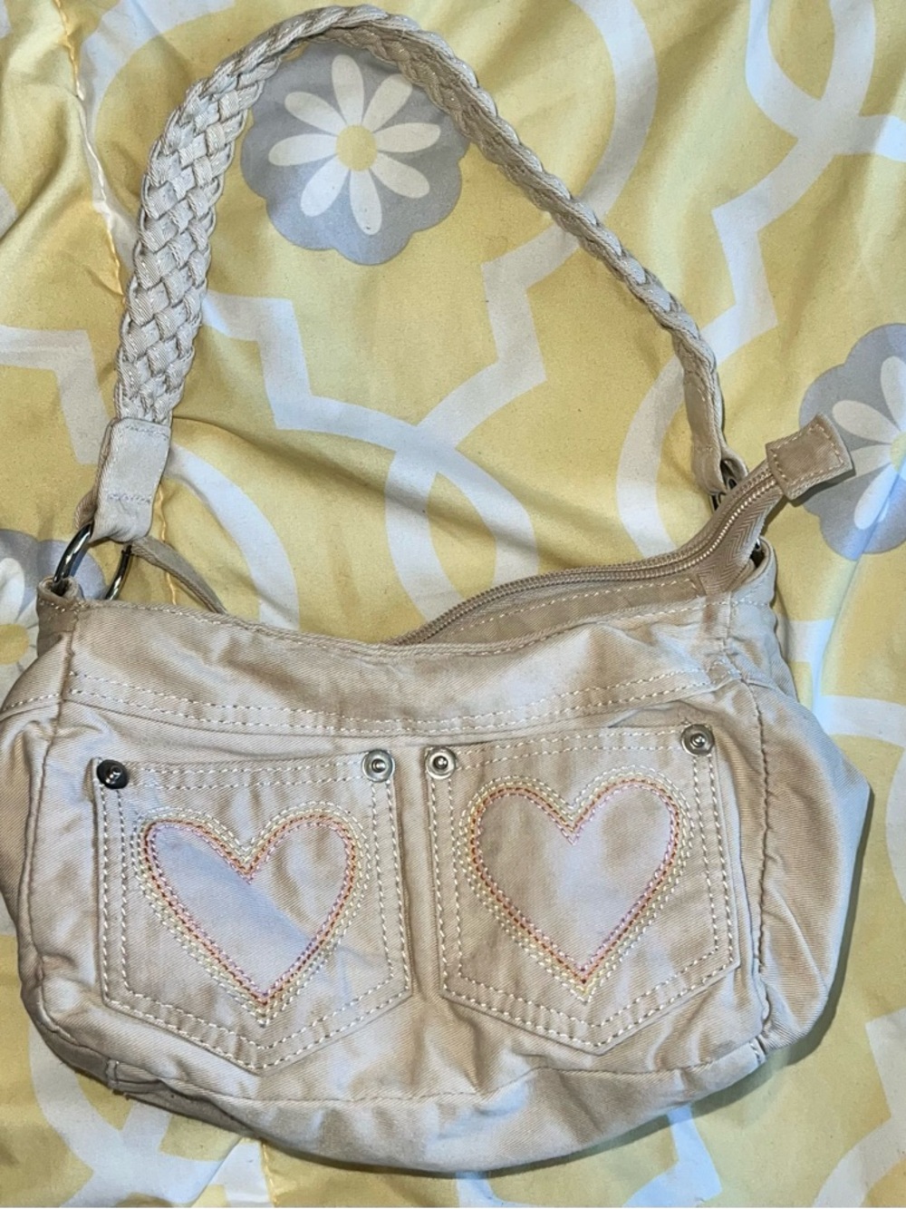 Vintage Small Tan Aeropostale Canvas Handbag Ft. Braided Strap & Stitched Hearts